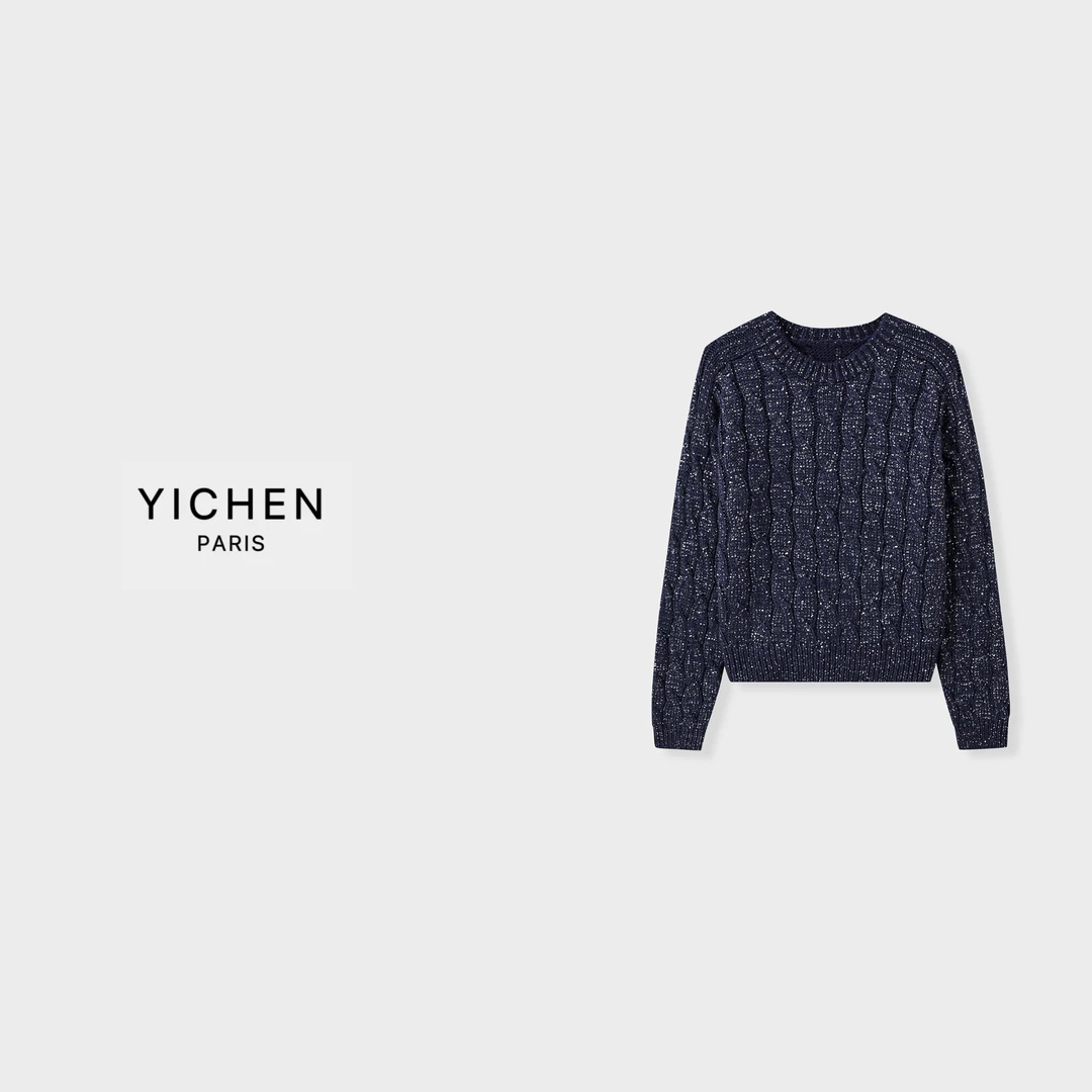 YC 蓝紫色亮片纱重工圆领绞花针织毛衣-2831