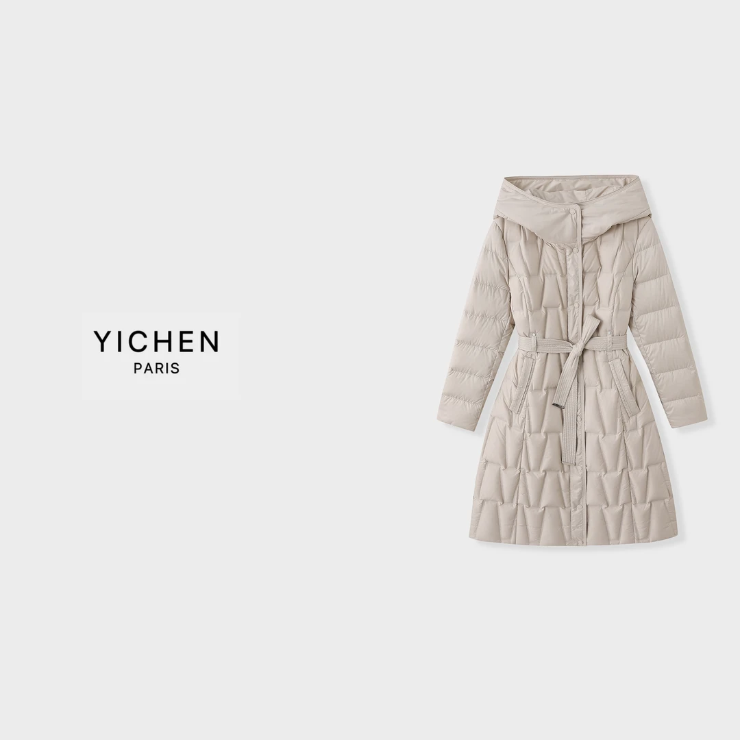 YC 米色连帽收腰A字中长款热力感羽绒服-4038