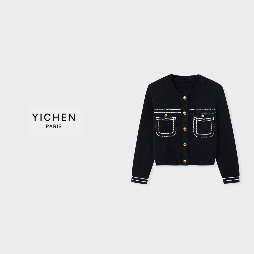YC 黑色明线拼接双口袋黑金单排扣针织外套-2463