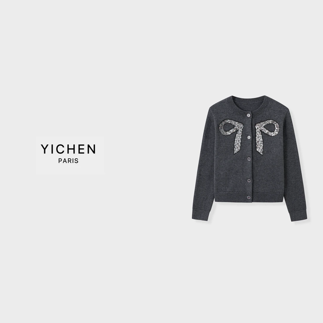 YC 重工蝴蝶结装饰深空灰圆领单排扣针织外套-2946