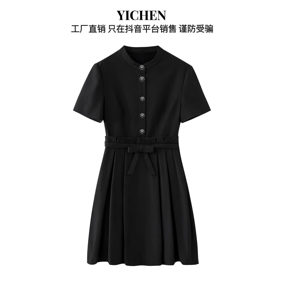 YC 夏季时尚休闲女士法式赫本风蝴蝶结黑色复古腰袢款连衣裙-1108