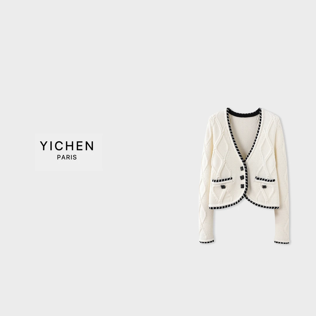 YC 经典象牙白菱形格绞花V领撞色短款毛衣款式外套-2394