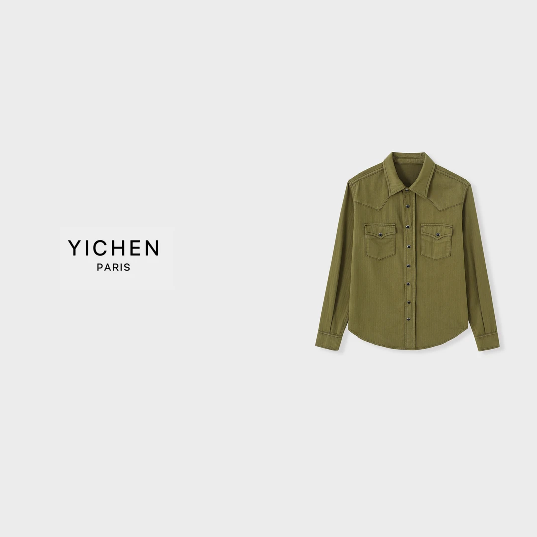 YC 橄榄绿口袋款单排扣正肩翻领衬衫长袖外套-1635
