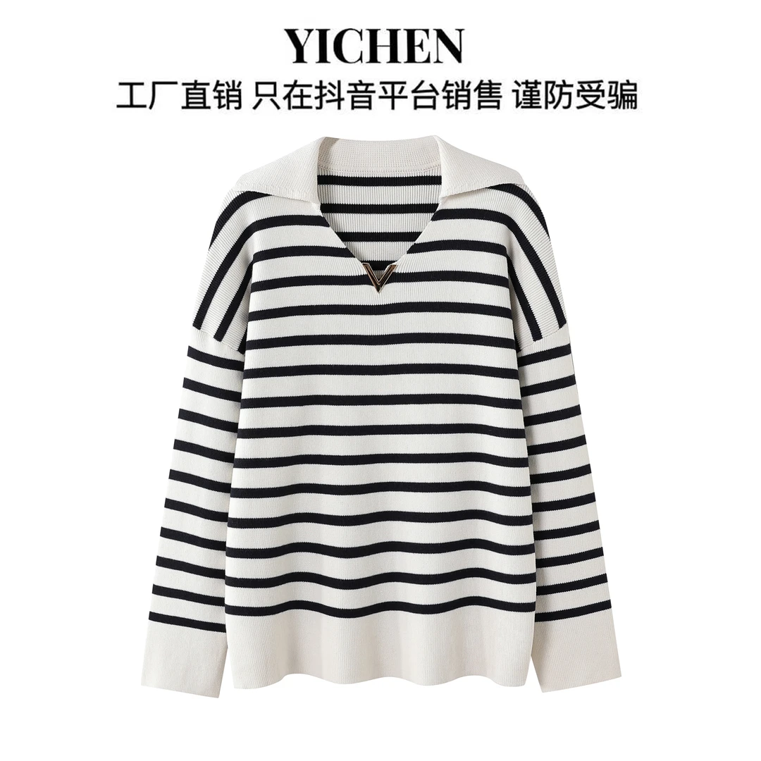 YC 时尚休闲女士金属V领套头条纹撞色宽松复古长袖款针织衫-2164