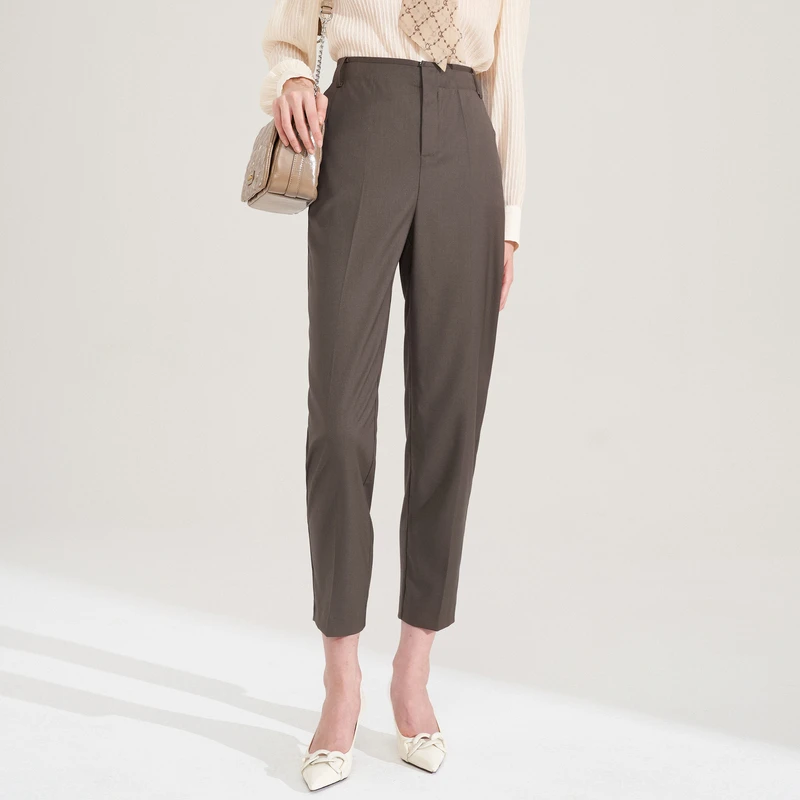 XG雪歌英伦风复古深咖色休闲裤秋季新款通勤简约高腰直筒裤女