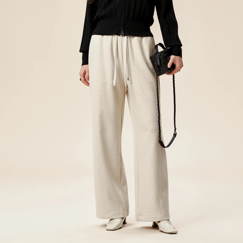 XG雪歌米白色通勤简约休闲裤冬季新款淑女风宽松直筒长裤女装