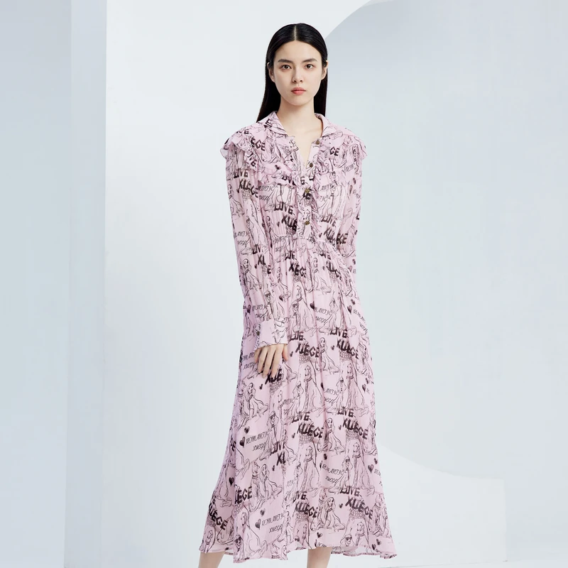 XG雪歌桑蚕丝碎花连衣裙秋季新款拼接长袖a字长裙女装