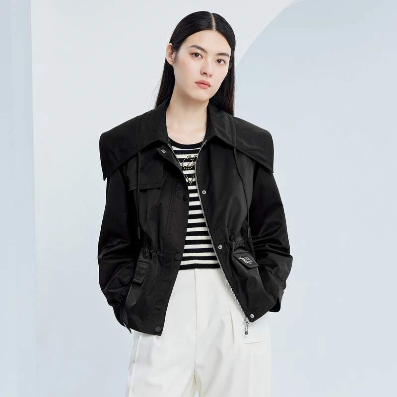 XG雪歌黑色街头朋克个性风衣秋季新款翻领字母印花夹克外套女