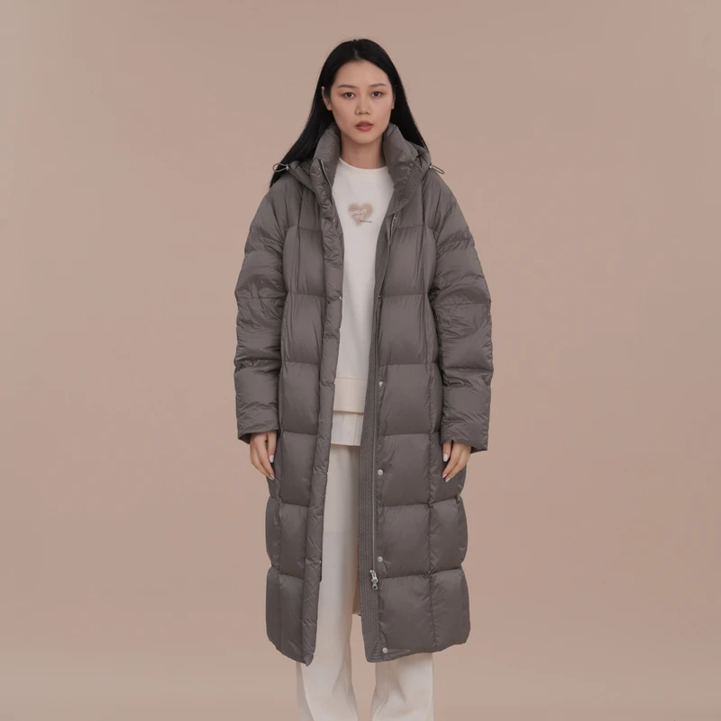 XG雪歌棕色长款白鸭绒羽绒服冬季新款通勤加厚保暖连帽外套女