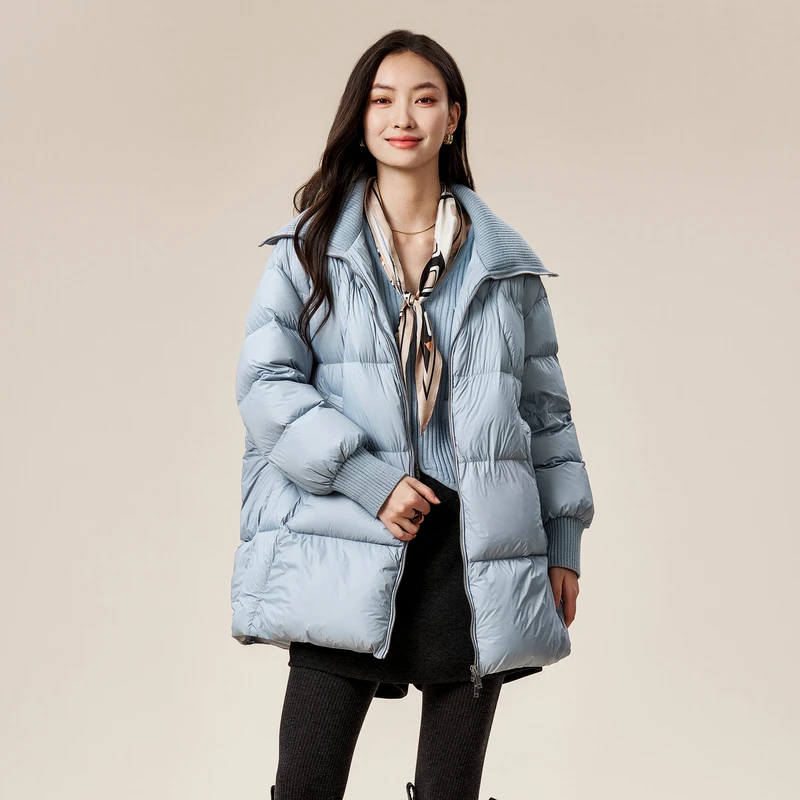 XG雪歌浅蓝色长袖鸭绒外套冬季新款中螺纹拼接翻领长款外套女