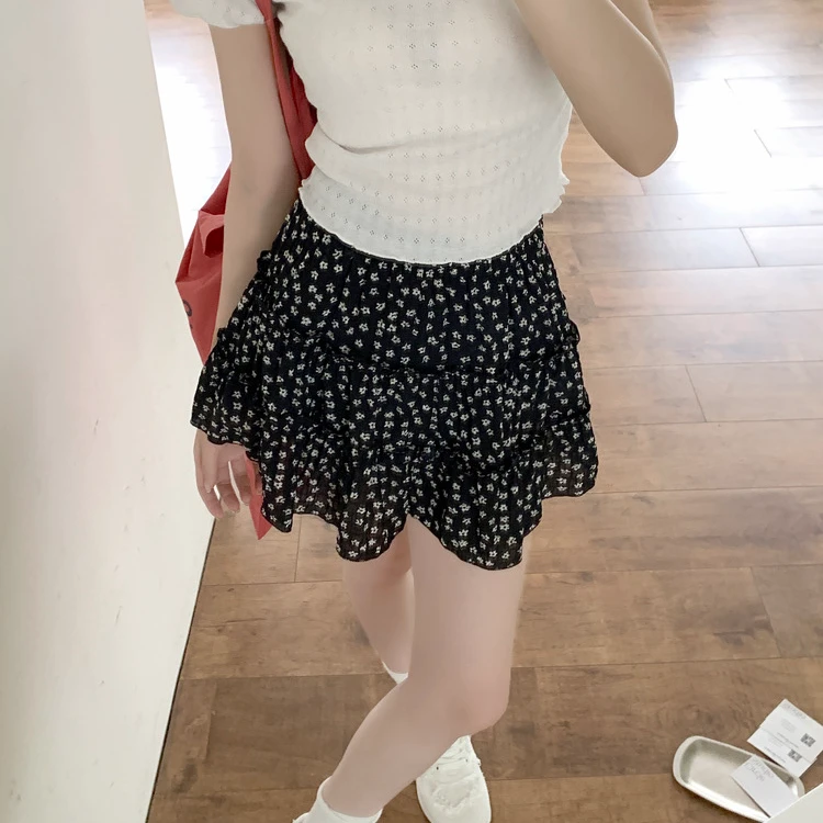 黑色碎花半身裙女夏季新款高腰a字裙蛋糕短裙花边防走光裙子蕾丝
