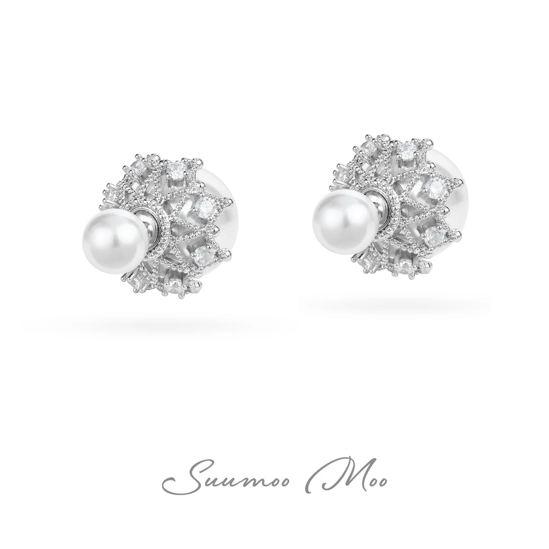 铜合金合成锆石耳饰 双戴镂空满钻镶嵌公主名媛风大颗珠珠耳环