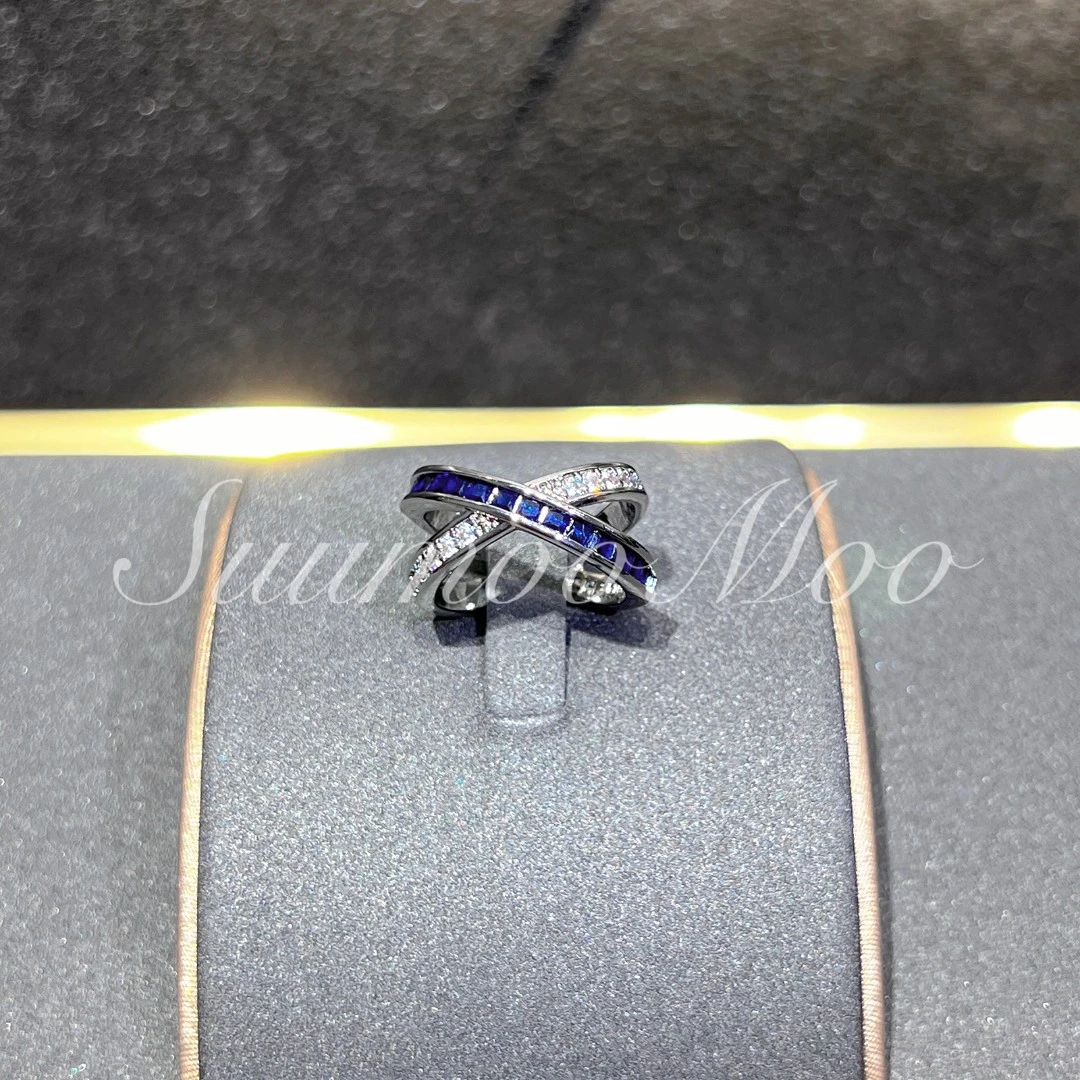 铜合金合成锆石戒指 法式时尚蓝色交叉满钻戒指饰品轻奢银色镶嵌