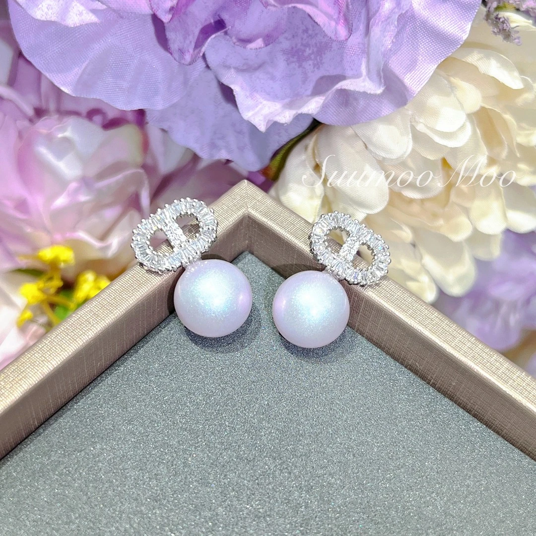 铜合金合成锆石耳饰 满钻猪鼻子淡粉色珠珠耳环时尚小众轻奢