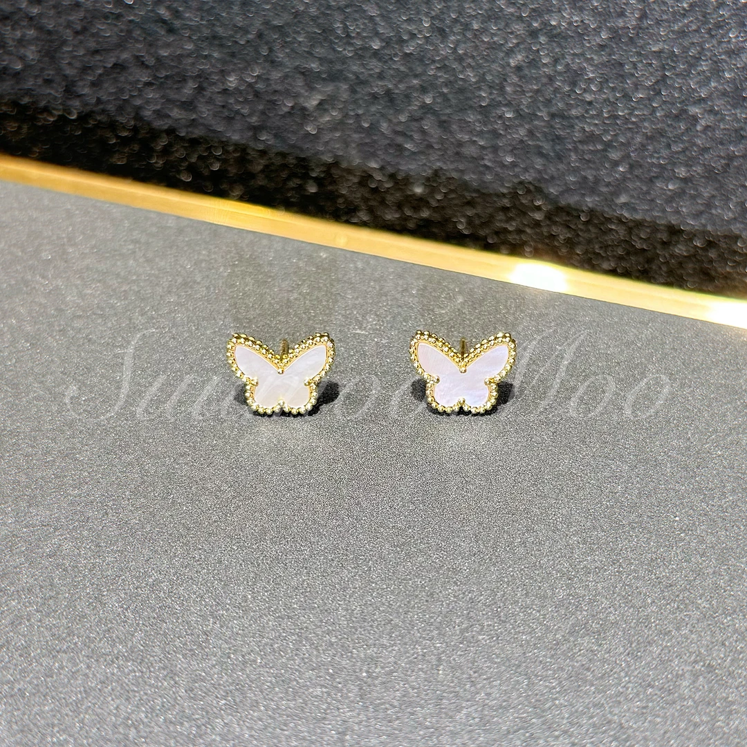 925银合成锆石耳饰 法式时尚白贝小蝴蝶耳环 925通体银 气质白色