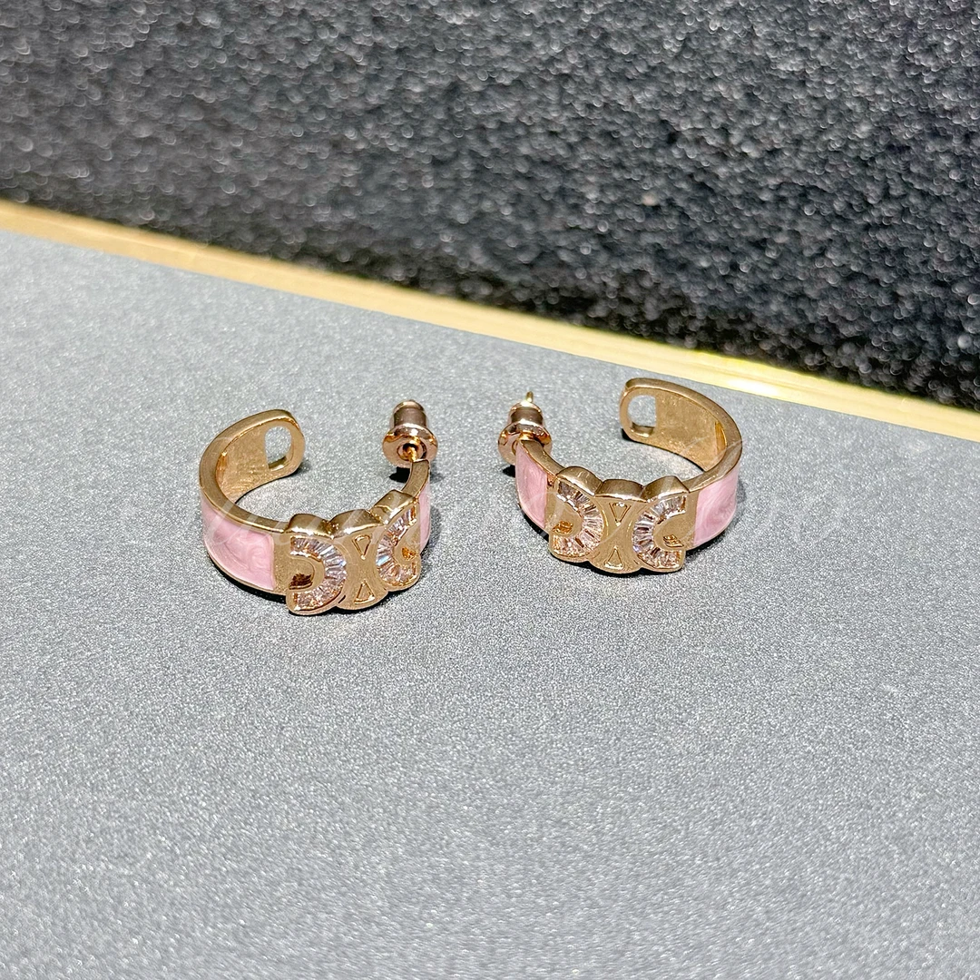 铜合金合成锆石耳饰 法式时尚粉色C圈耳环