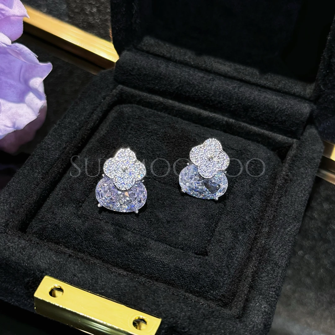 铜合金合成锆石耳饰 超闪时尚四叶草大颗锆钻耳环