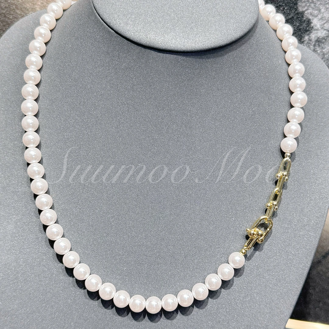 铜合金仿珍珠项链 法式时尚珠珠马蹄项链 8MM珠子