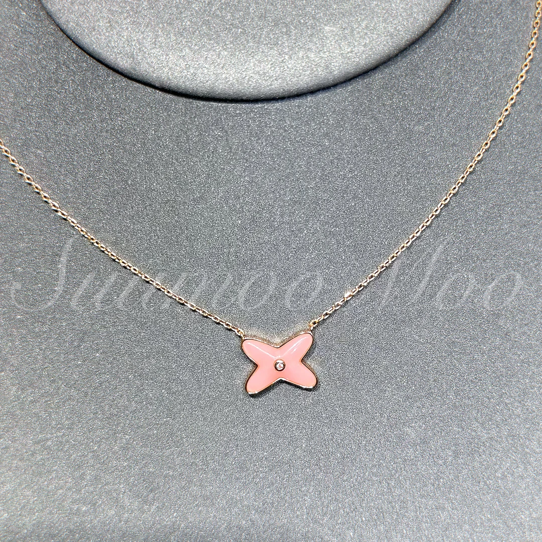 坠链均925银合成锆石 法式时尚粉色交叉项链 925通体银