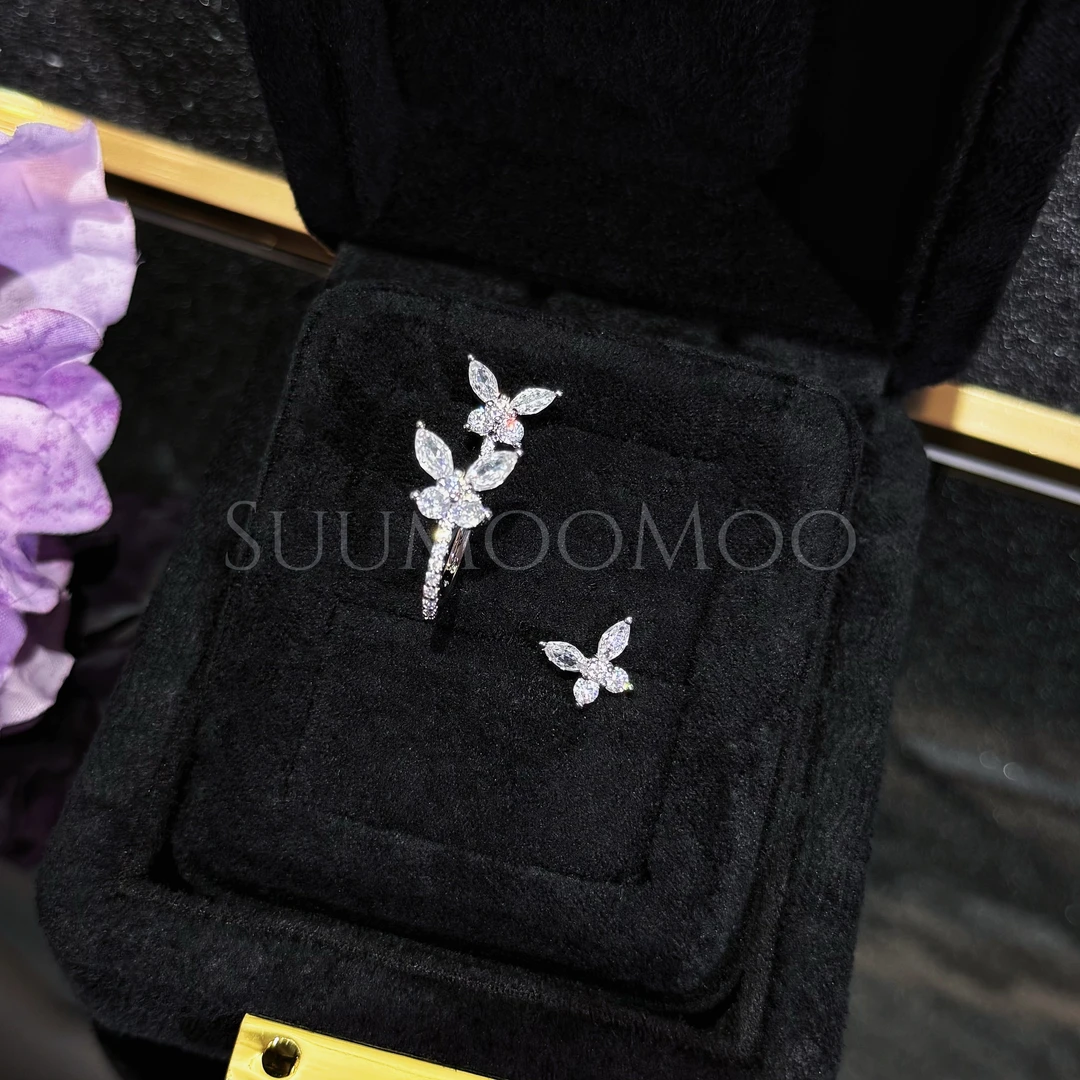 铜合金合成锆石耳饰 法式时尚水滴蝴蝶锆钻不对称两戴耳环