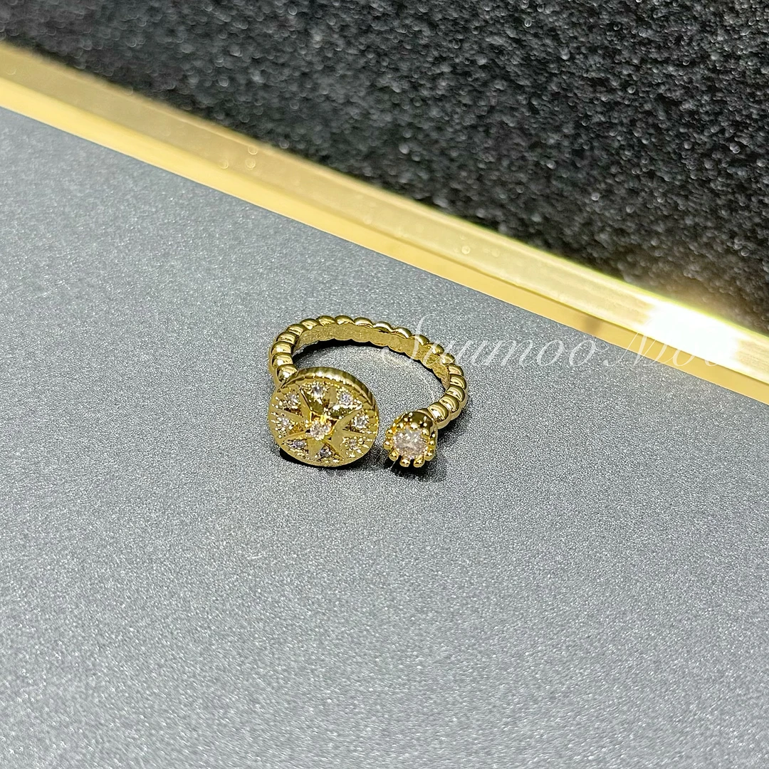 铜合金合成锆石戒指 法式时尚戒指金色轻奢气质可调节戒指