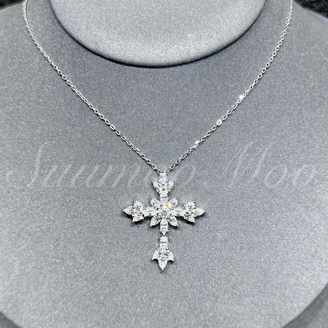 坠链均925银合成锆石 【雪域灵契】法式时尚冰雪十字架项链 925银