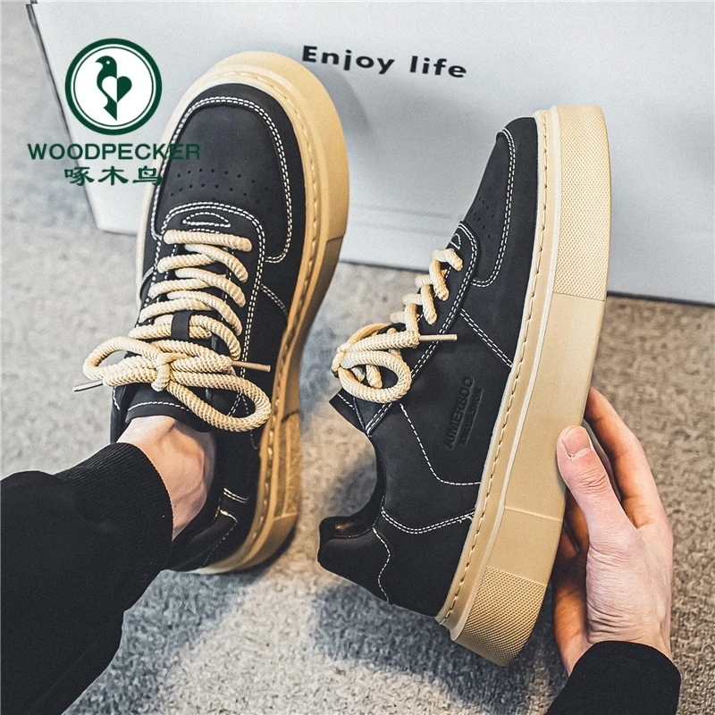 正品啄木鸟男鞋2025夏季新款百搭低帮板鞋潮流厚底增高休闲鞋潮鞋