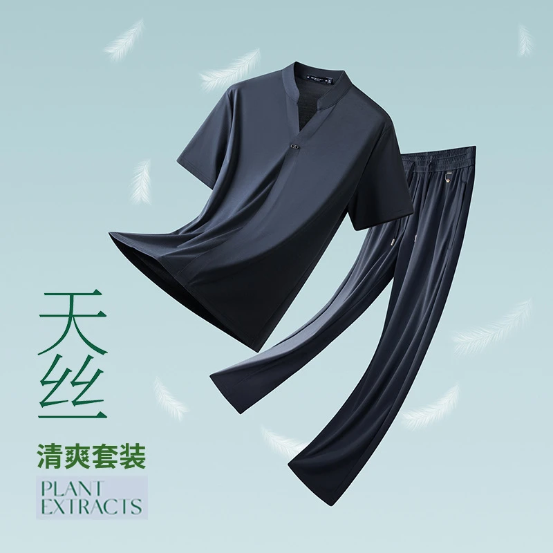 2024运动立领V领套装中年男士夏季休闲弹力透气半袖宽松轻薄男装