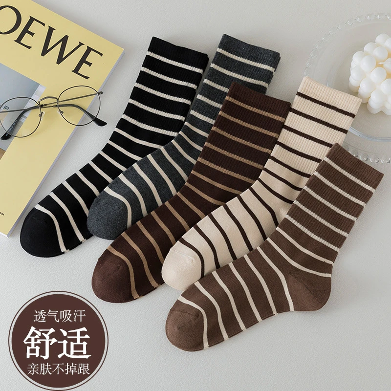 条纹袜子女士中筒袜高橡筋长筒堆堆袜春秋百搭ins潮流百搭学生袜