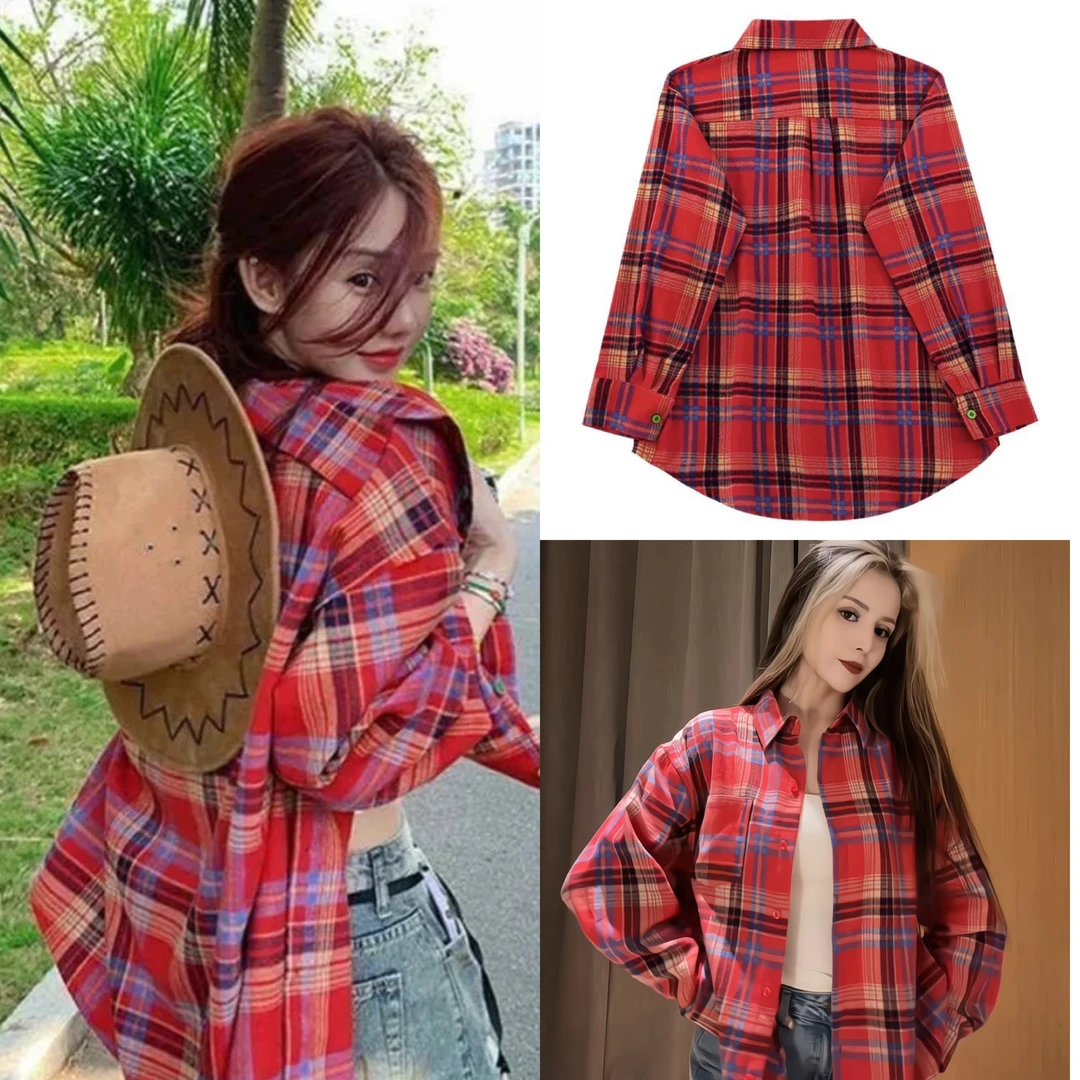 新疆包邮新款2024年长袖中长款复古宽松韩版格子衬衣女衬衫港味