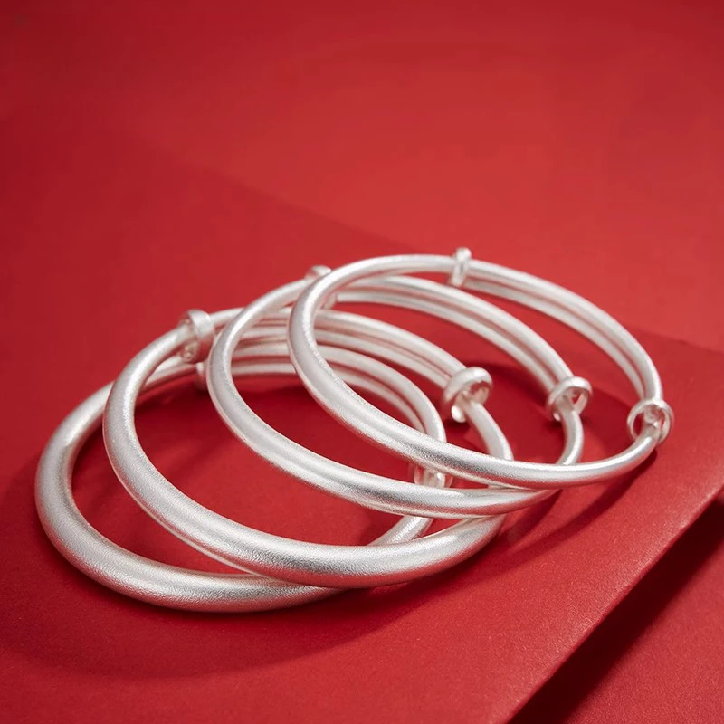 足银手镯 古法足银推拉手镯实心磨砂素圈时尚简约送女友妈妈礼物