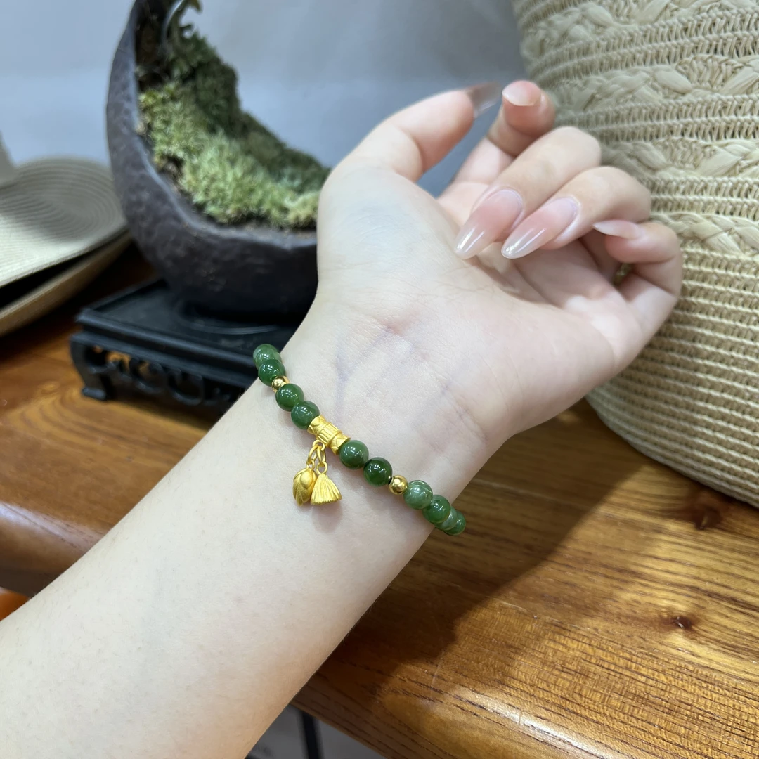 6mm和田玉碧绿搭配925银两世欢手串颜色微差多样性发S133