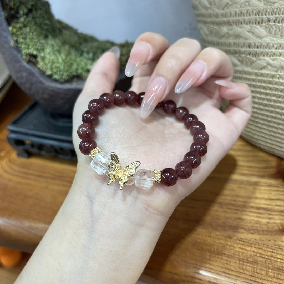 8mm天然车厘子草莓晶配白水晶手串颜色多样性发S110