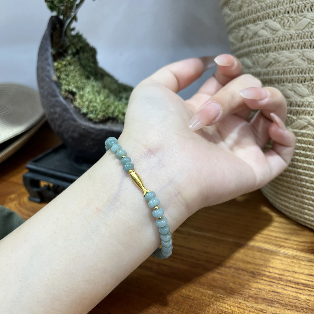 新中式天然蓝水翡翠算盘珠设计通体925银锦鲤手串颜色微差 S125