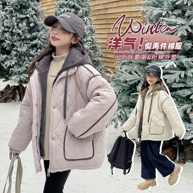 冬季新款女童外套假两件童装休闲宽松洋气潮童外套zb3763简约童品