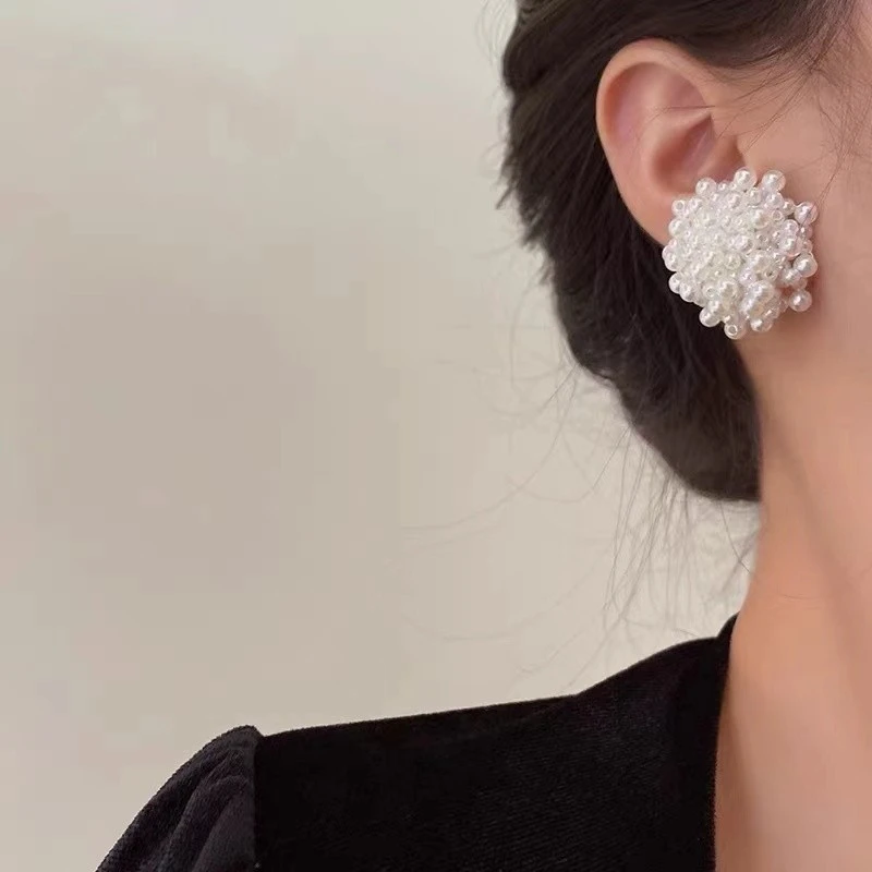 合金仿珍珠耳饰 春夏新款潮精致珠珠编制花朵耳钉法式高级感小众