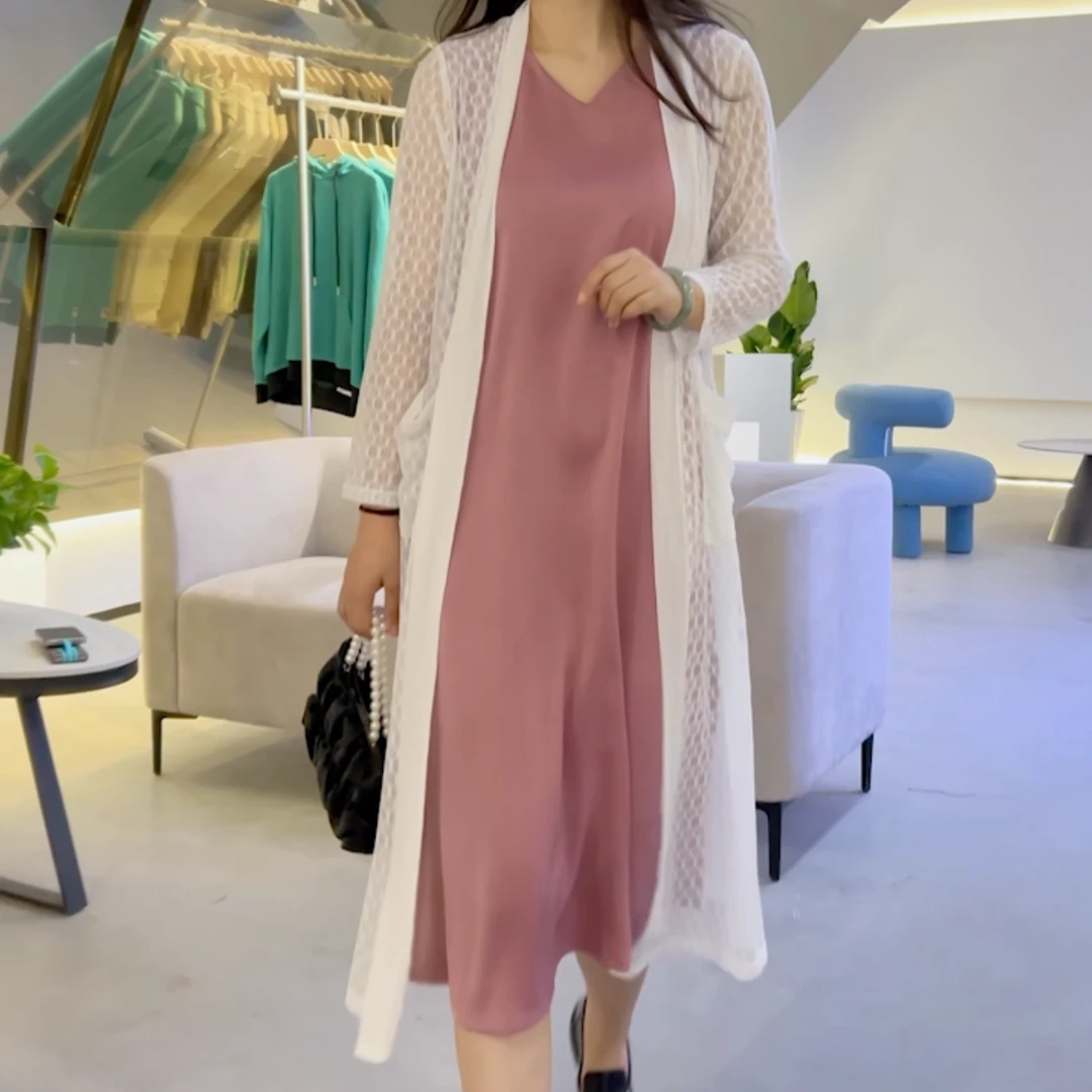 夏季新款时尚透气宽松舒适百搭显瘦中长款网纱开衫+气质连衣裙