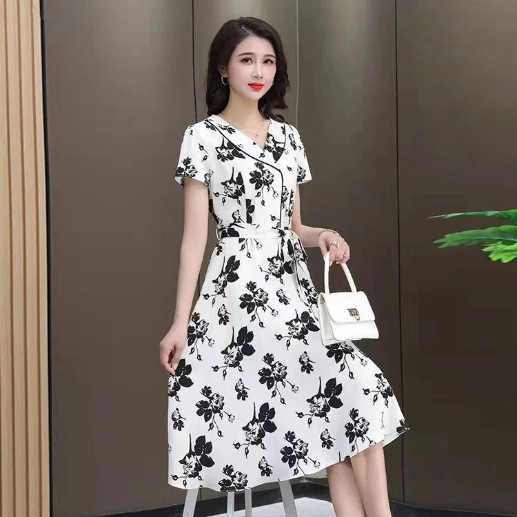【夏季新款】短袖印花连衣裙女2023洋气高端女神范简约时尚中长款裙