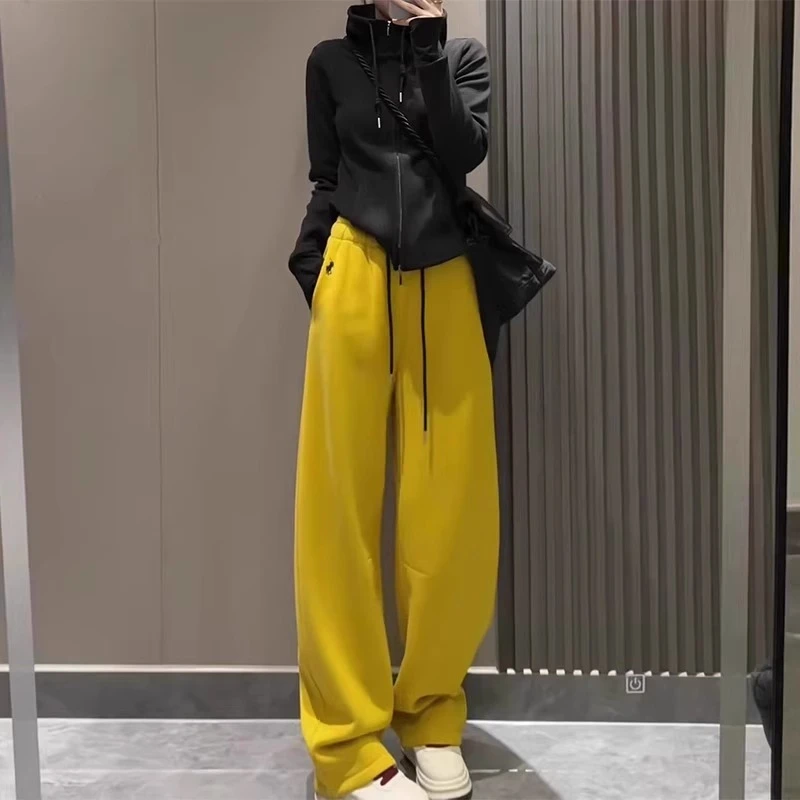 黄色加绒运动裤子女秋冬季2024新款jder高腰休闲裤卫裤弯刀香蕉裤