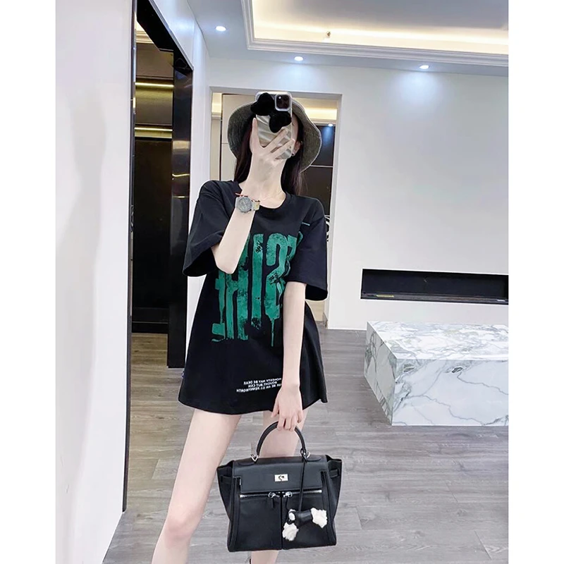黑色短袖女t恤加宽加大品质炸街高级感小众女装上衣洋气衣服女