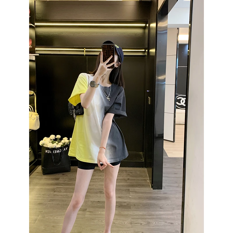 黄色短袖女t恤夏季2024新款设计感小众欧货大版中长款潮牌上衣