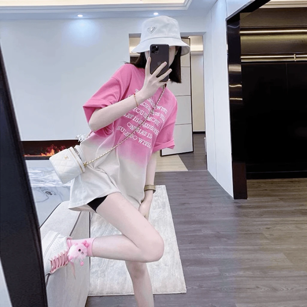粉色小众短袖女t恤加宽加大品质炸街高级感女装洋气衣服上衣女