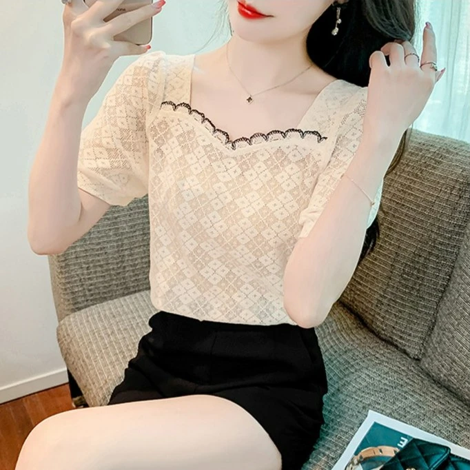短袖蕾丝衬衫女夏季2025年新款减龄漂亮小衫甜美小众别致方领上衣