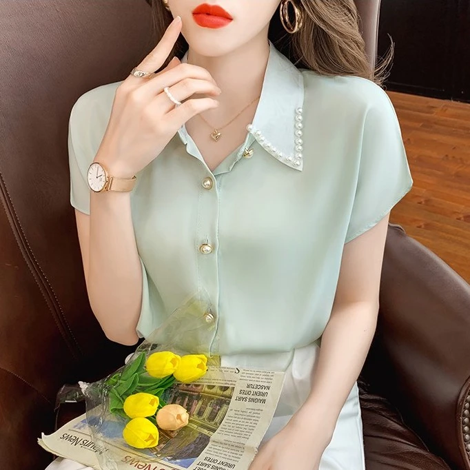 钉珠POLO领短袖衬衫女夏装2024年新款宽松显瘦单排扣雪纺上衣衬衣