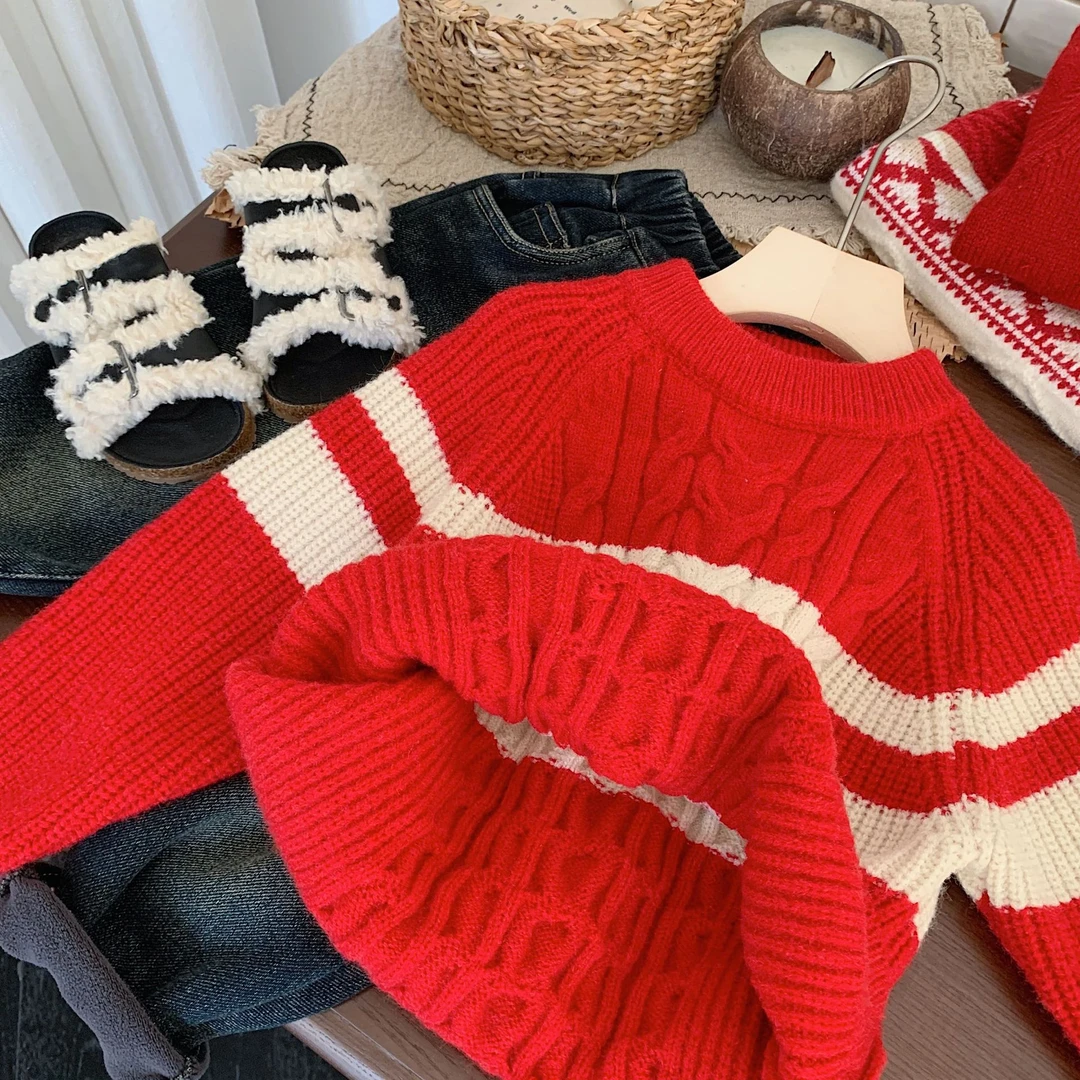 儿童毛衣2023冬款韩版男女童条纹新年拜年服喜庆潮范