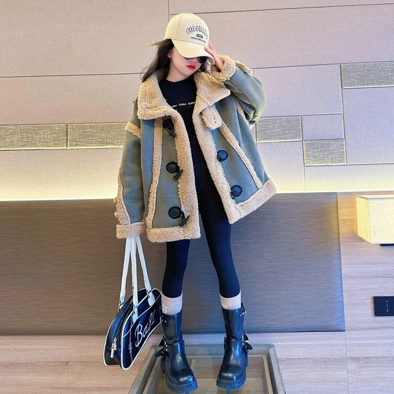 女童皮毛一体外套秋冬款2024新款儿童大童冬季加绒加厚羊羔绒冬装