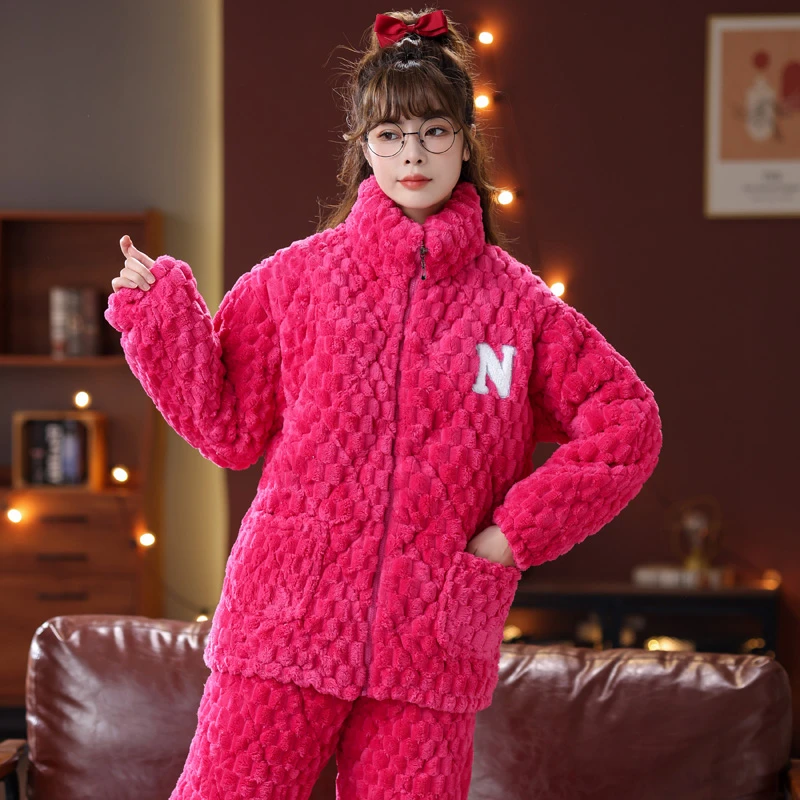冬季夹棉睡衣女保暖冬款女士家居服毛绒长袖加厚加绒女装拉链款