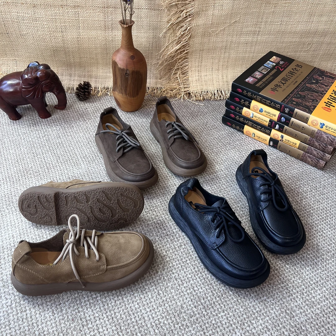 欧农驾车鞋66980#女款厚底头层牛皮复古风系带单鞋