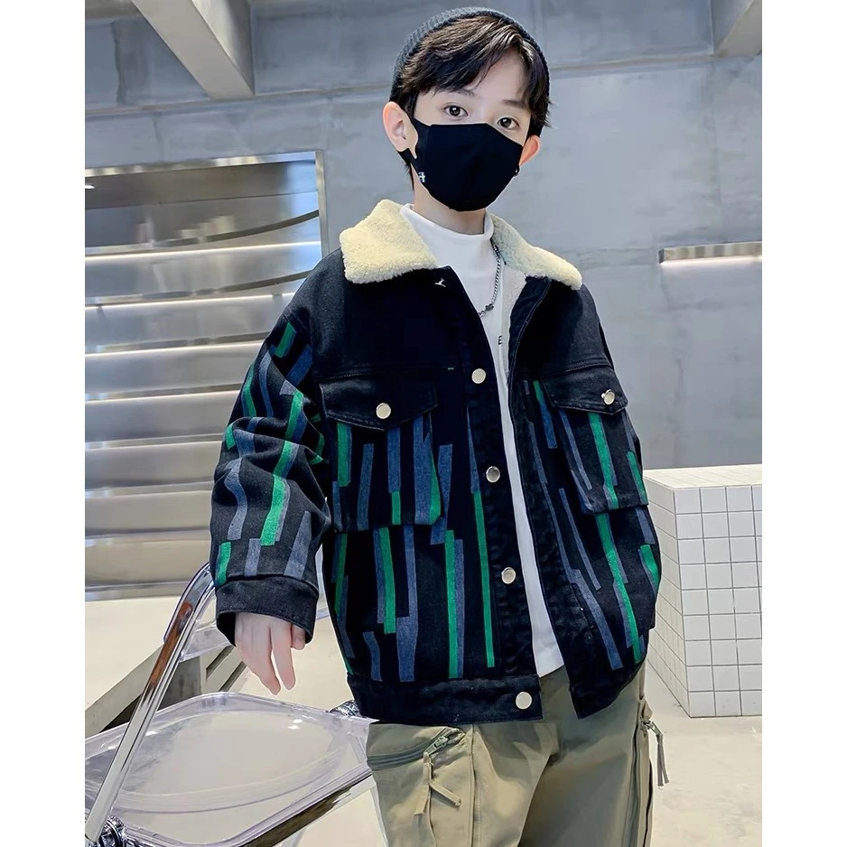 中大童牛仔加绒棉衣外套加厚冬季韩版洋气时尚秋冬印花休闲男童
