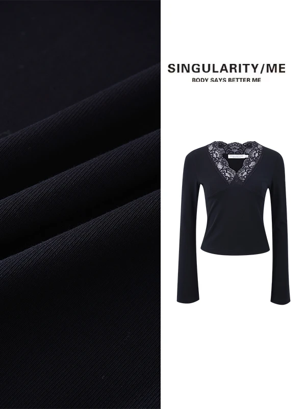 Singularity Me 10S 9020 【暗里着迷】神秘感V领蕾丝边黑色打底衫